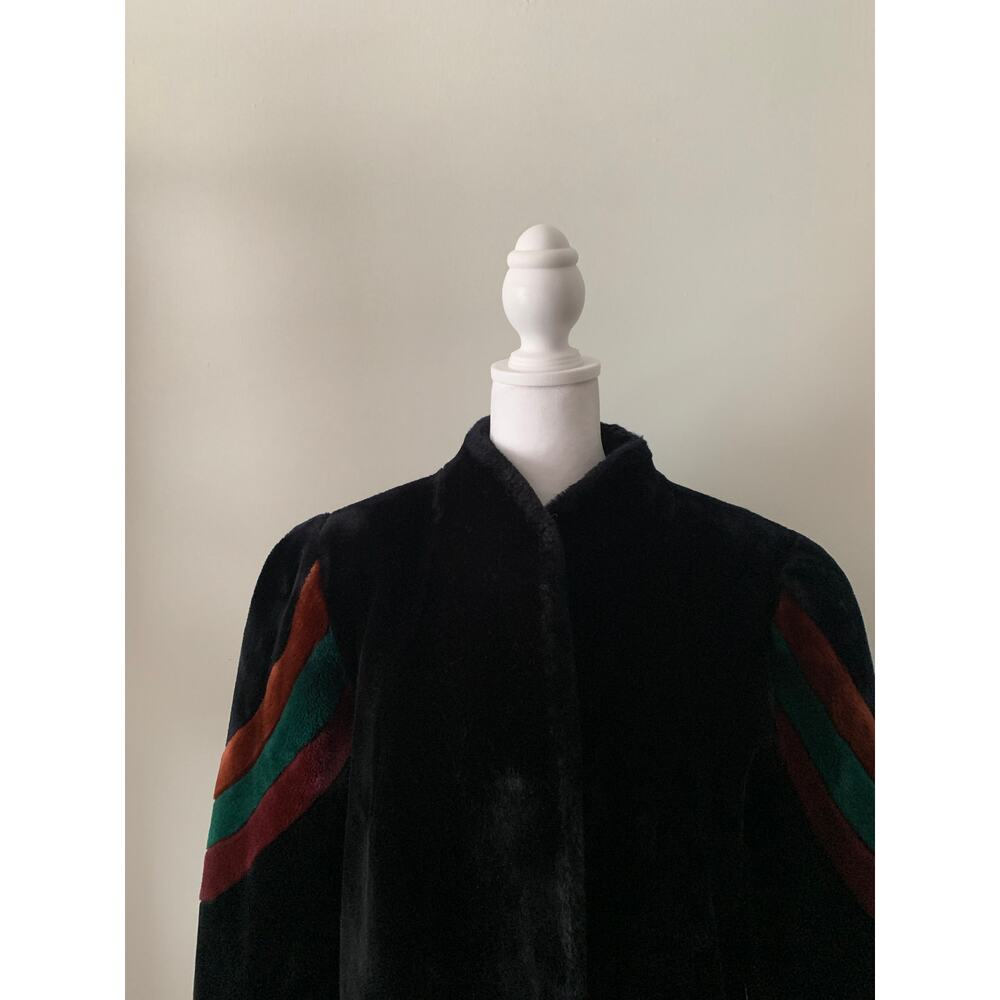 Vintage 80s Sasson Borgazi Faux Fur Black Coat Striped Sleeve Size 12 - Picture 4 of 5